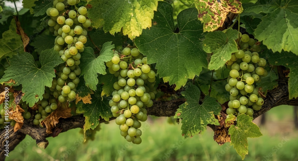 Naklejka premium Lush vineyard grapes showing fresh green clusters and moldy grape leaves