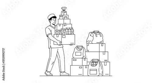 Humanitarian volunteer carrying a heavy stack of aid boxes containing food and supplies for a charitable donation effort.