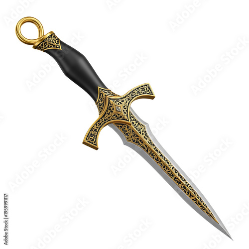 A beautifully crafted dagger with intricate gold designs on its blade and handle against a black background