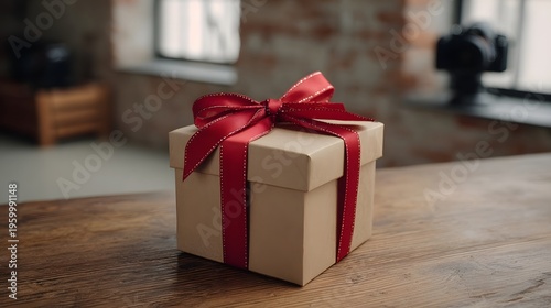 A neatly tied gift box with a red ribbon sits on a wooden table in a blurred loft setting