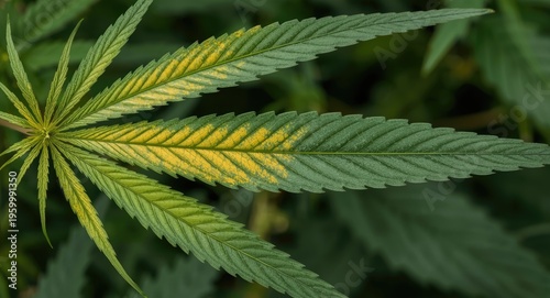 Leaf discoloration in cannabis featuring yellow and green nutrient deficiency marks
