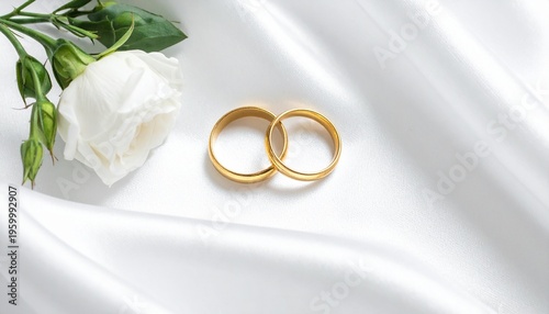 A pair of luxurious gold wedding rings were placed on a smooth white satin fabric, accompanied by fresh white roses.