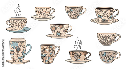 Assortment of beautifully patterned teacups and mugs on saucers featuring various intricate designs and steaming hot beverages.