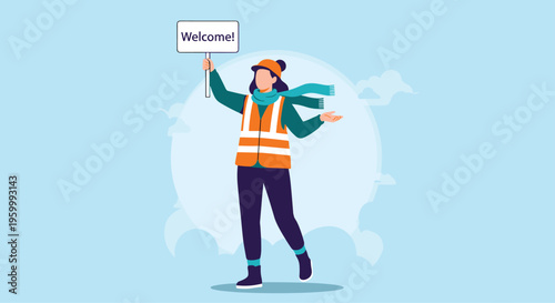Safety officer wearing a high visibility vest and orange hat holding up a welcome sign against a soft blue sky background.