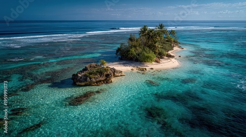 Long narrow island with palm trees in clear coral lagoon