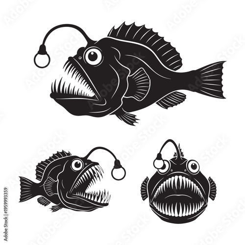 Humpback Anglerfish Three Pose Jaw Lure Silhouette Vector Set