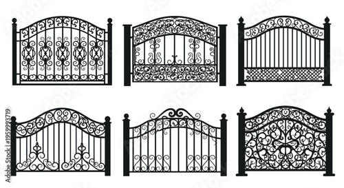 Collection of six ornate wrought iron gate designs shown as black silhouettes with intricate swirl and floral patterns on a white background.