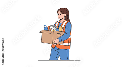 Female volunteer wearing an orange safety vest carries a cardboard box filled with donated food and supplies for a charitable community cause.
