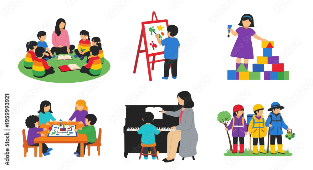 Fototapeta premium Children engaging in various educational and creative activities