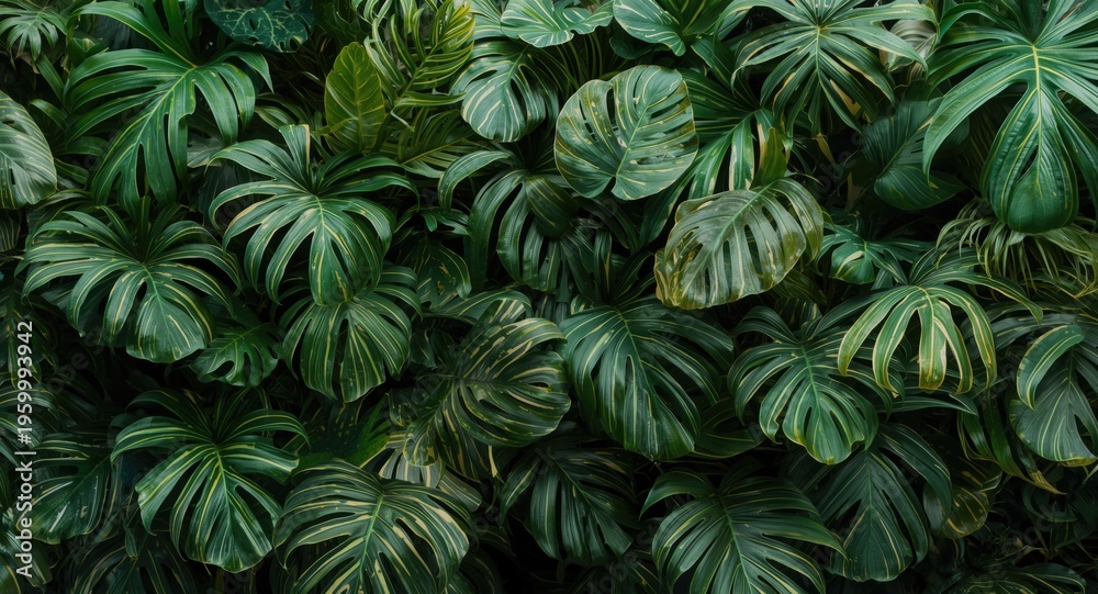 Fototapeta premium jungle inspired tropical greenery wall with delicate striped Calathea leaves