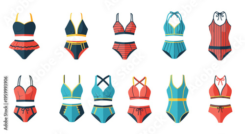 Variety of stylish women swimsuit designs includes high-waisted bikinis and one-piece bathing suits in blue, red, and patterned summer styles.