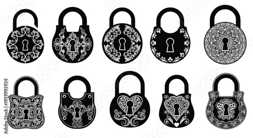 Set of vintage padlocks and keys decorated with ornate filigree patterns and floral engravings shown as detailed black silhouettes on white.