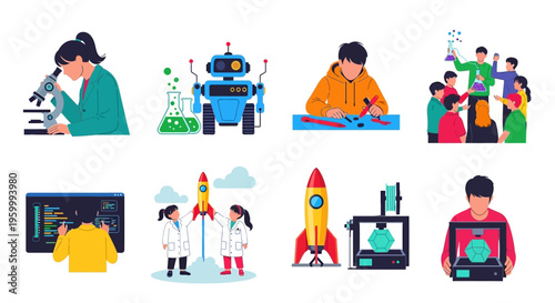 Innovative students and professionals working on science and technology projects