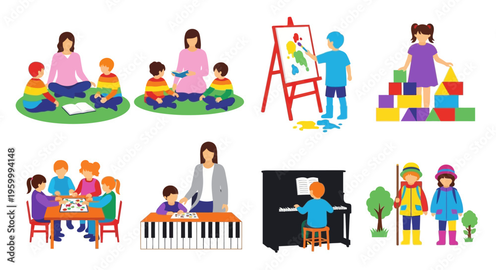 Fototapeta premium Vibrant kids engaging in creative learning activities with teachers