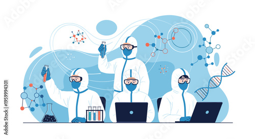 Group of scientists wearing full white protective hazmat suits work in a modern laboratory environment with test tubes, laptops, and dna models.