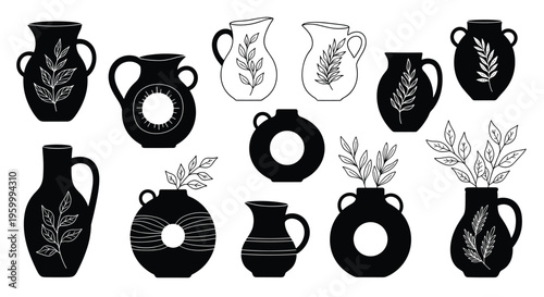 Elegant collection of ceramic vases and pottery pieces shown as black silhouettes with white botanical leaf motifs and sun patterns on white.