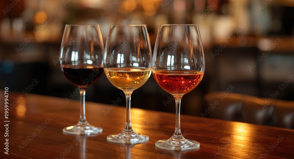 Fototapeta premium Enjoy a delightful wine tasting event featuring rich red, crisp white, and luscious amber varieties in a cozy bar setting
