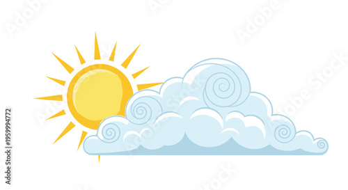 Simple weather icon features a bright yellow sun shining behind a large fluffy white and blue cloud with stylized swirling decorative details.