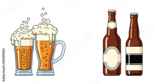 Group of beer containers including two overflowing mugs with white foam and two brown beer bottles with blank labels for branding.
