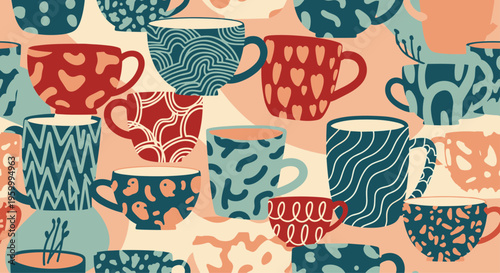 Vibrant seamless pattern features a variety of coffee mugs and tea cups decorated with colorful abstract shapes, stripes, and heart patterns.