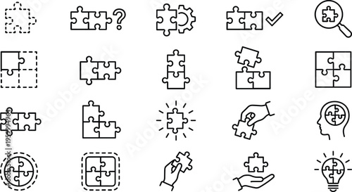 A set of line art puzzle pieces and icons in a vector design concept, representing problem solving and creativity