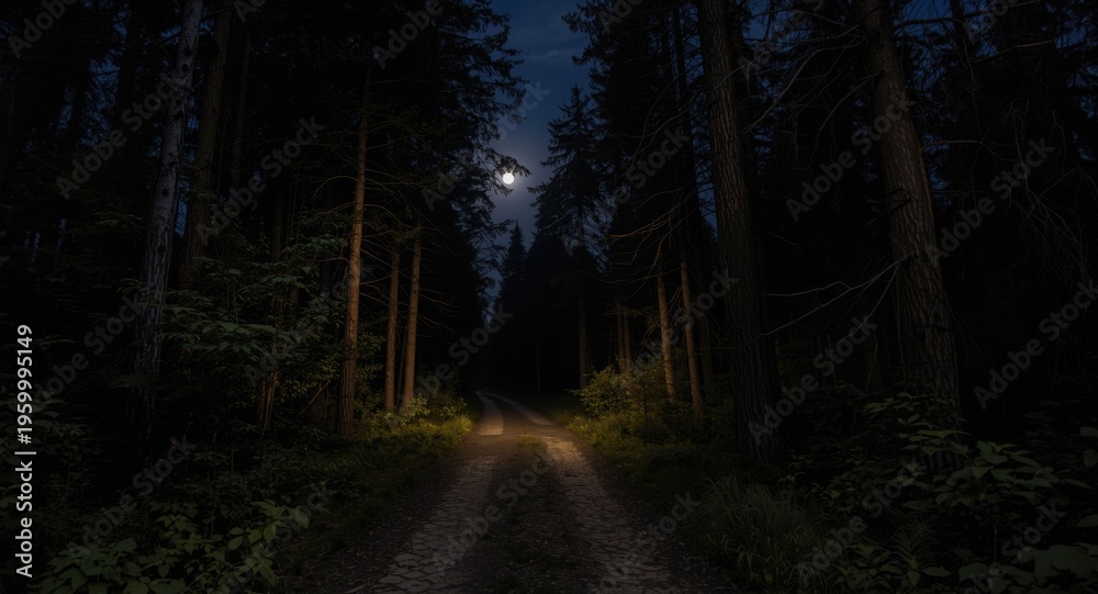 Fototapeta premium calm forest route softly illuminated by night moon