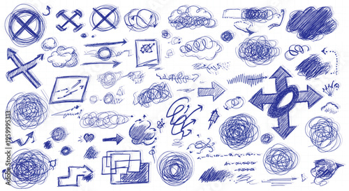 Blue Ink Scribble Lines, Checkmarks and Highlight Elements Set