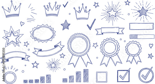 Hand Drawn Award Badge and Ribbon Icon Set 
