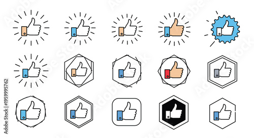 Set of fifteen thumbs up icons in various styles including line art, colored versions, and different geometric frames for social media use.