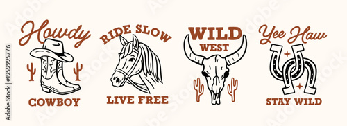 Western cowboy vector set with horse, boots, skull and horseshoes. Vintage wild west illustrations with typography, perfect for t-shirt prints, badges and rustic designs.