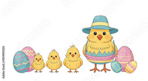 Cute Easter Chicks and Decorated Eggs on White Background