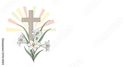 Easter Lily Cross Religious Symbol with Sunburst