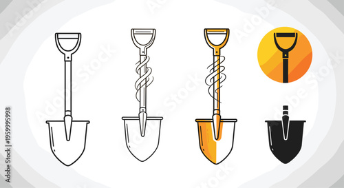 Four different graphic styles of a garden shovel including a simple outline, a sketched version with swirly lines, colored icon, and silhouette.