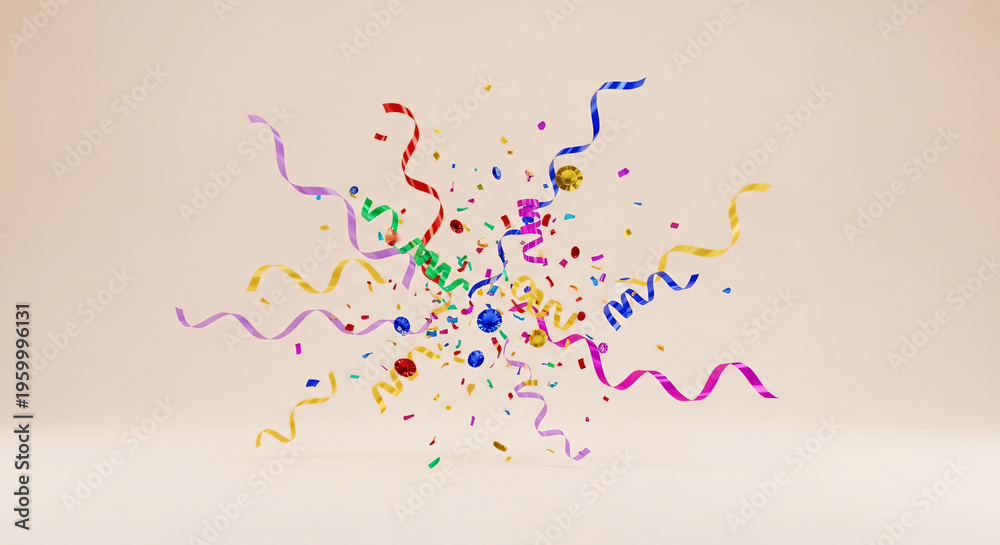 Obraz premium Colorful Confetti Streamers Burst On Beige Background Celebration