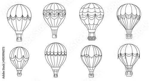 Set of eight detailed hot air balloon outlines featuring various decorative patterns and baskets perfect for travel-themed coloring pages.
