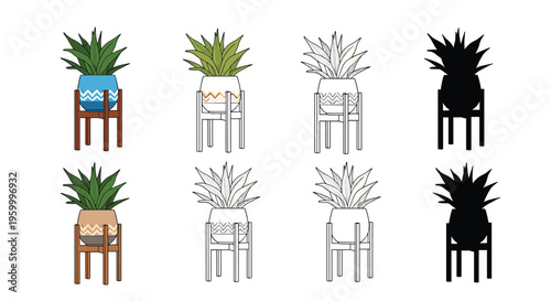 Potted agave plants shown in various artistic styles including full color black silhouette and detailed outline for diverse design projects.