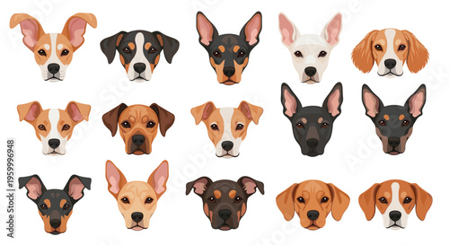 Comprehensive set of fifteen dog breed faces including beagles and terriers rendered in a detailed and expressive flat illustration style.