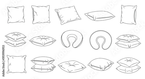 Large selection of pillow and cushion outlines showing different shapes like square rectangular and u-shaped neck pillows in a simple style.