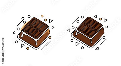 Two identical chocolate bar illustrations featuring a dripping milk chocolate topping and abstract geometric shapes for a modern design look.