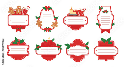 Set of eight festive christmas labels and gift tags decorated with gingerbread cookies candles holly leaves and warm holiday beverages.