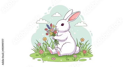 Charming white rabbit sitting peacefully in a lush green meadow while holding a small bouquet of colorful flowers on a sunny bright day.