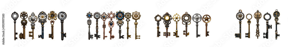 Fototapeta premium Assortment of antique skeleton keys collection as isolated on transparent background