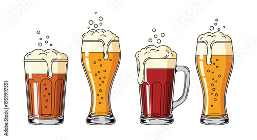 Four glasses of different beer types including lager and amber ale topped with a thick layer of white foam and rising bubbles in each glass.