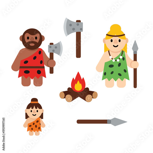 Cave people family with weapons.