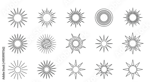 Diverse set of fifteen sun symbols and icons in a clean black outline style ranging from simple circles to complex geometric sunbursts.