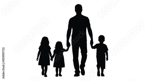 A man walking with two children