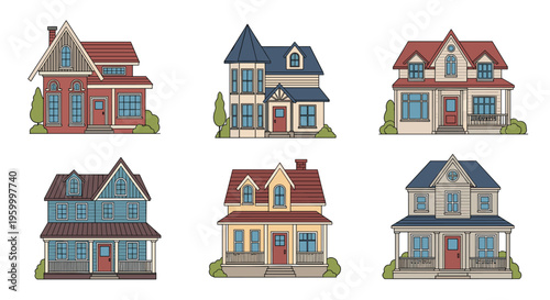 Collection of six charming suburban houses in different architectural styles from victorian to modern with colorful facades and gardens.