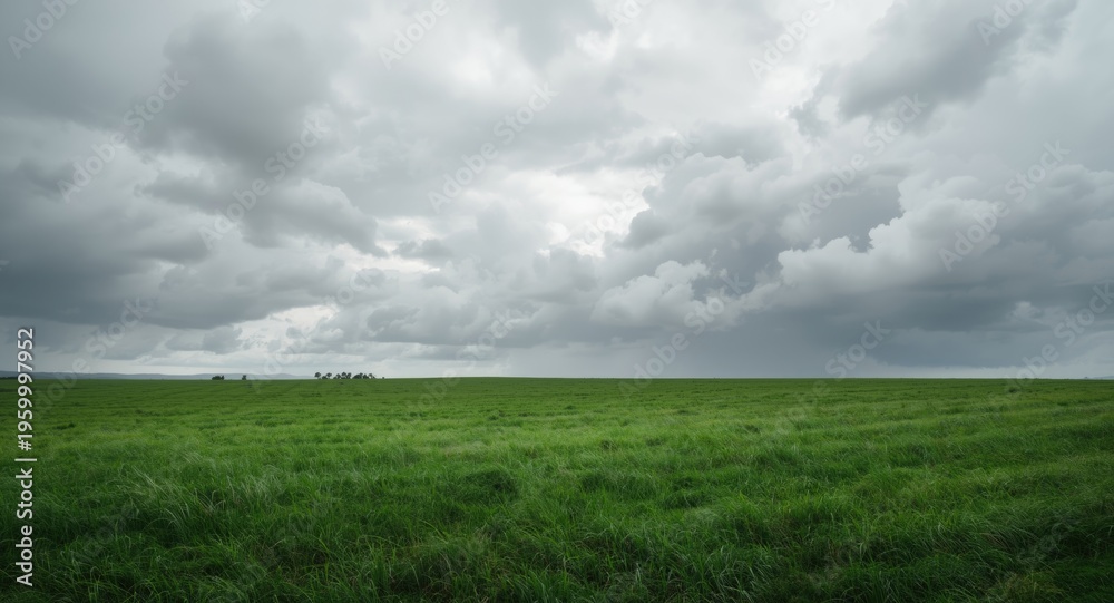 Obraz premium Endless green grassy terrain beneath a heavy cloudscape allowing copy space