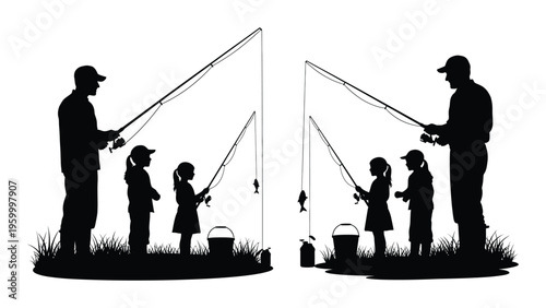 Silhouette of a man and children fishing together