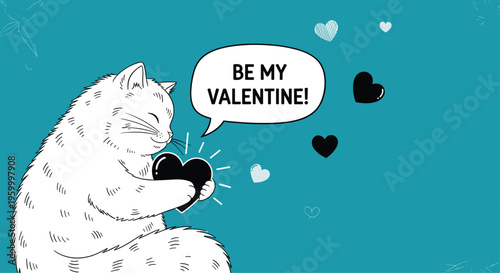 Charming white cat cuddling a black heart while saying be my valentine in a speech bubble on a bright blue background.
